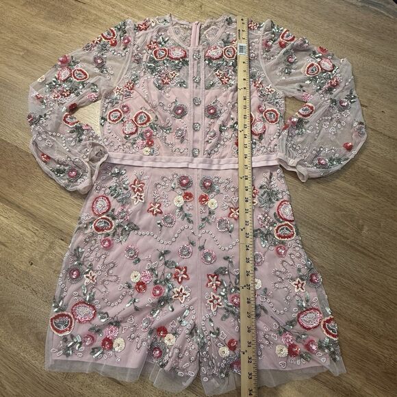 Needle & Thread Meadow Embellished Tulle Playsuit Floral Pink Beaded Romper Sz 6 - Picture 7 of 16